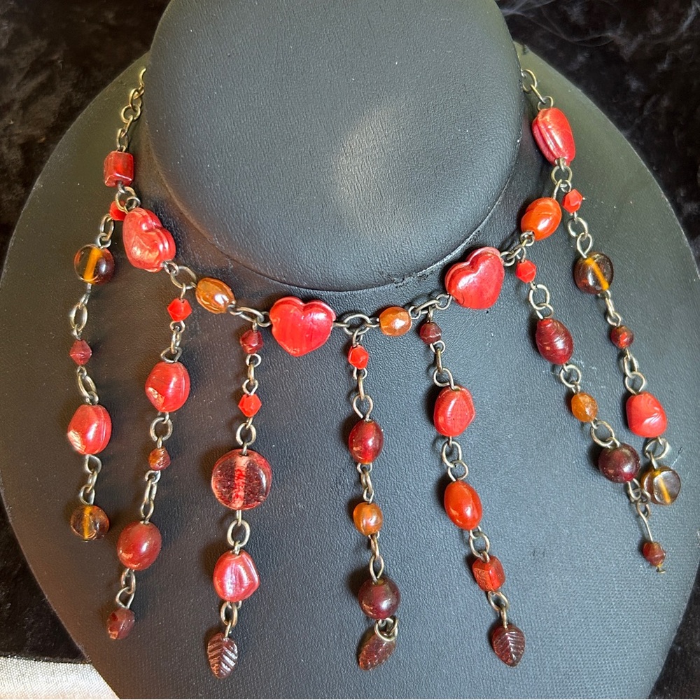 Artisan Made Glass Bead Heart Dangle Collar Necklace